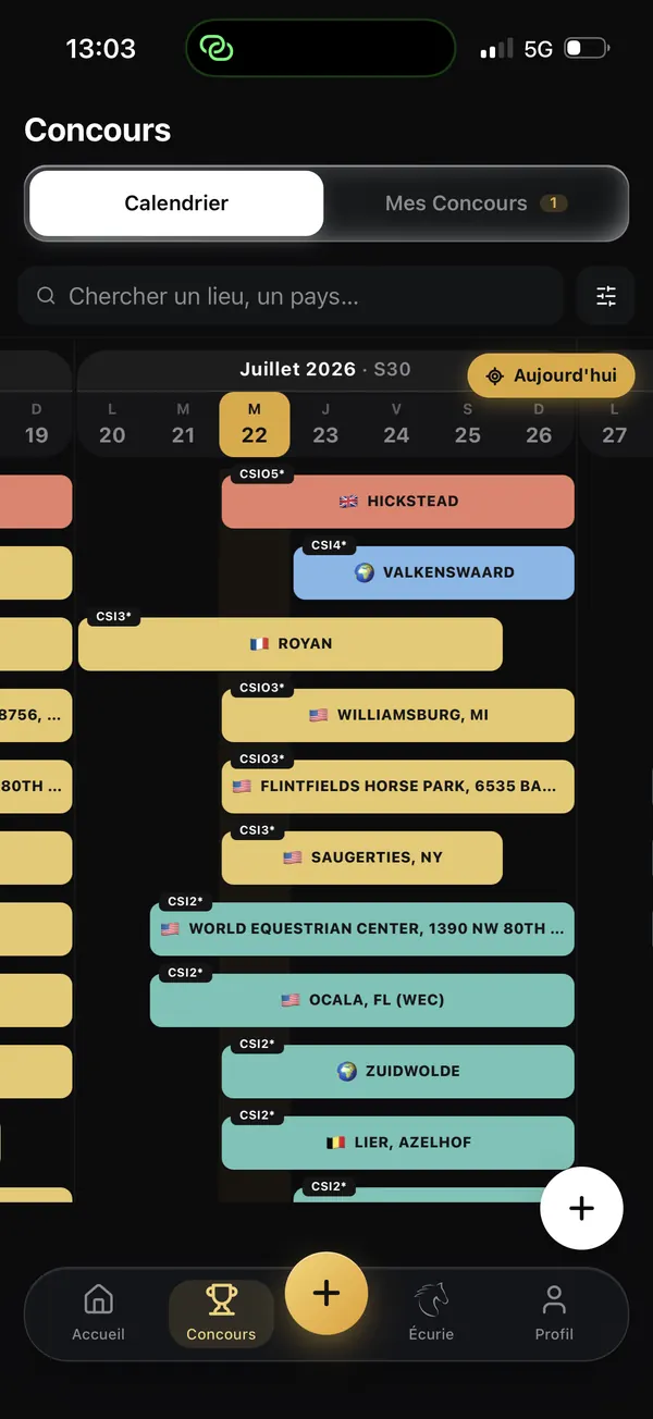 Le calendrier des concours dans l'application